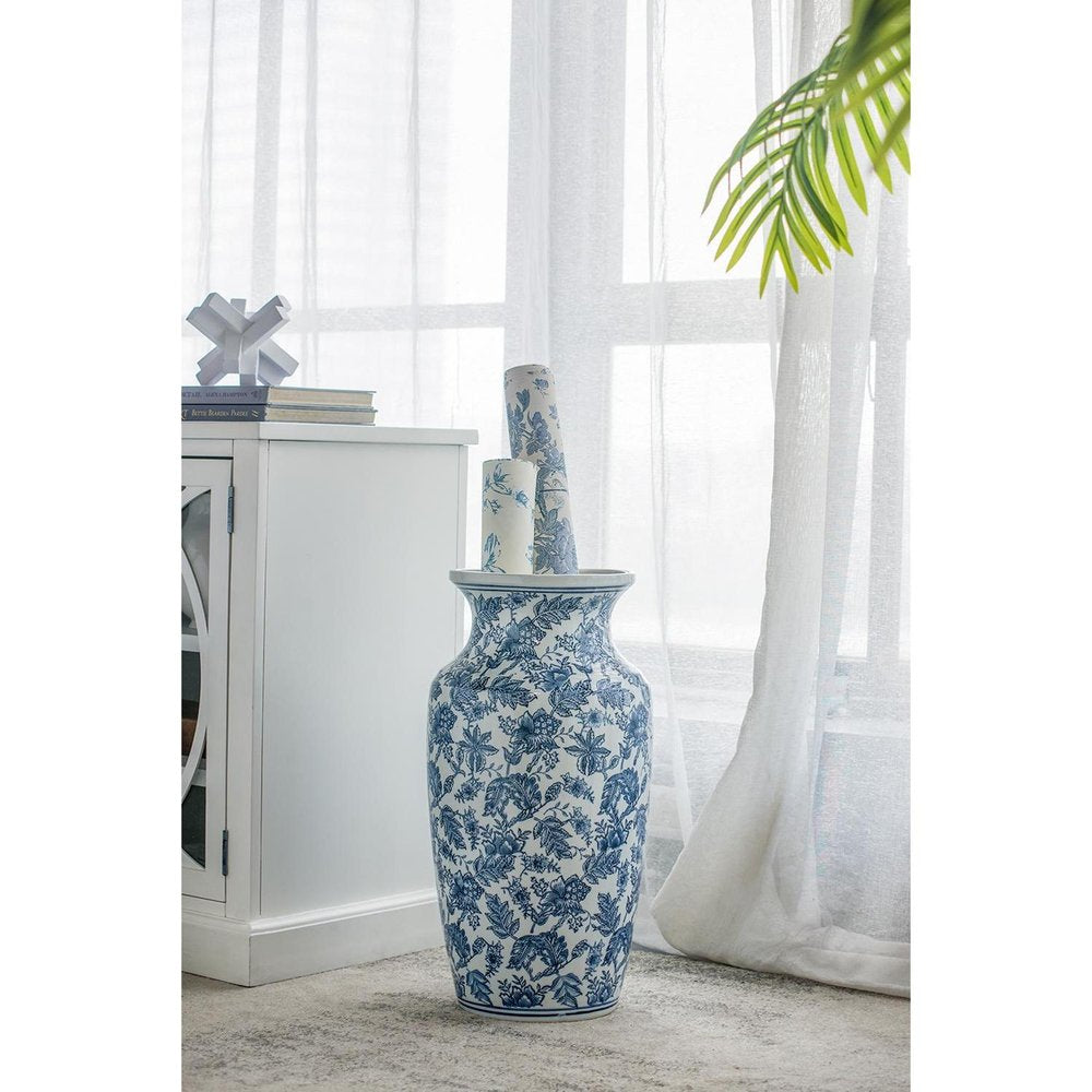 24" Blue And White Chinoiserie Porcelain Urn Table Vase HomeRoots