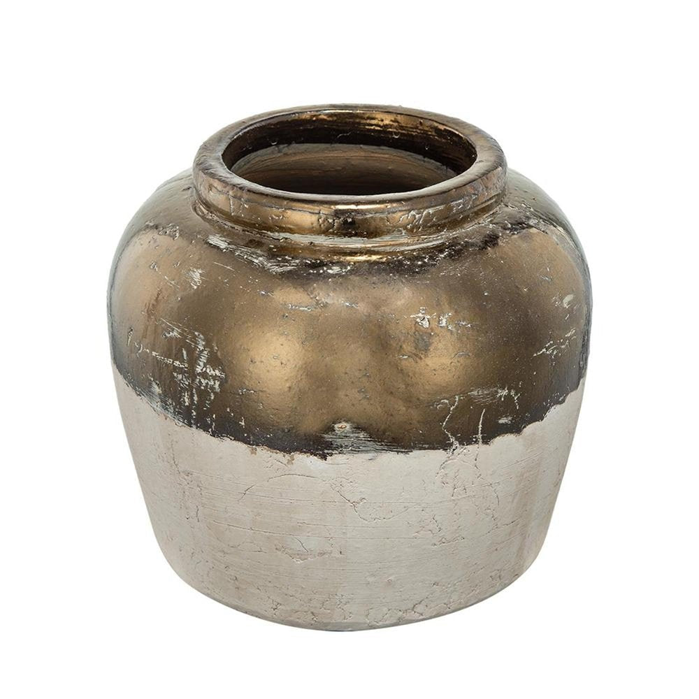 11" Antiqued Bronze And Light Gray Color Block Ceramic Round Table Vase HomeRoots