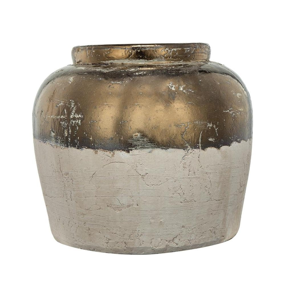 11" Antiqued Bronze And Light Gray Color Block Ceramic Round Table Vase HomeRoots
