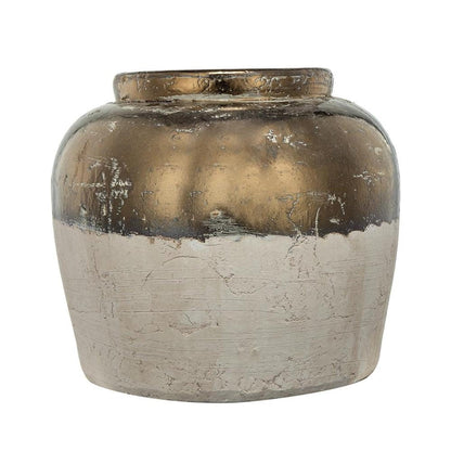 11" Antiqued Bronze And Light Gray Color Block Ceramic Round Table Vase HomeRoots