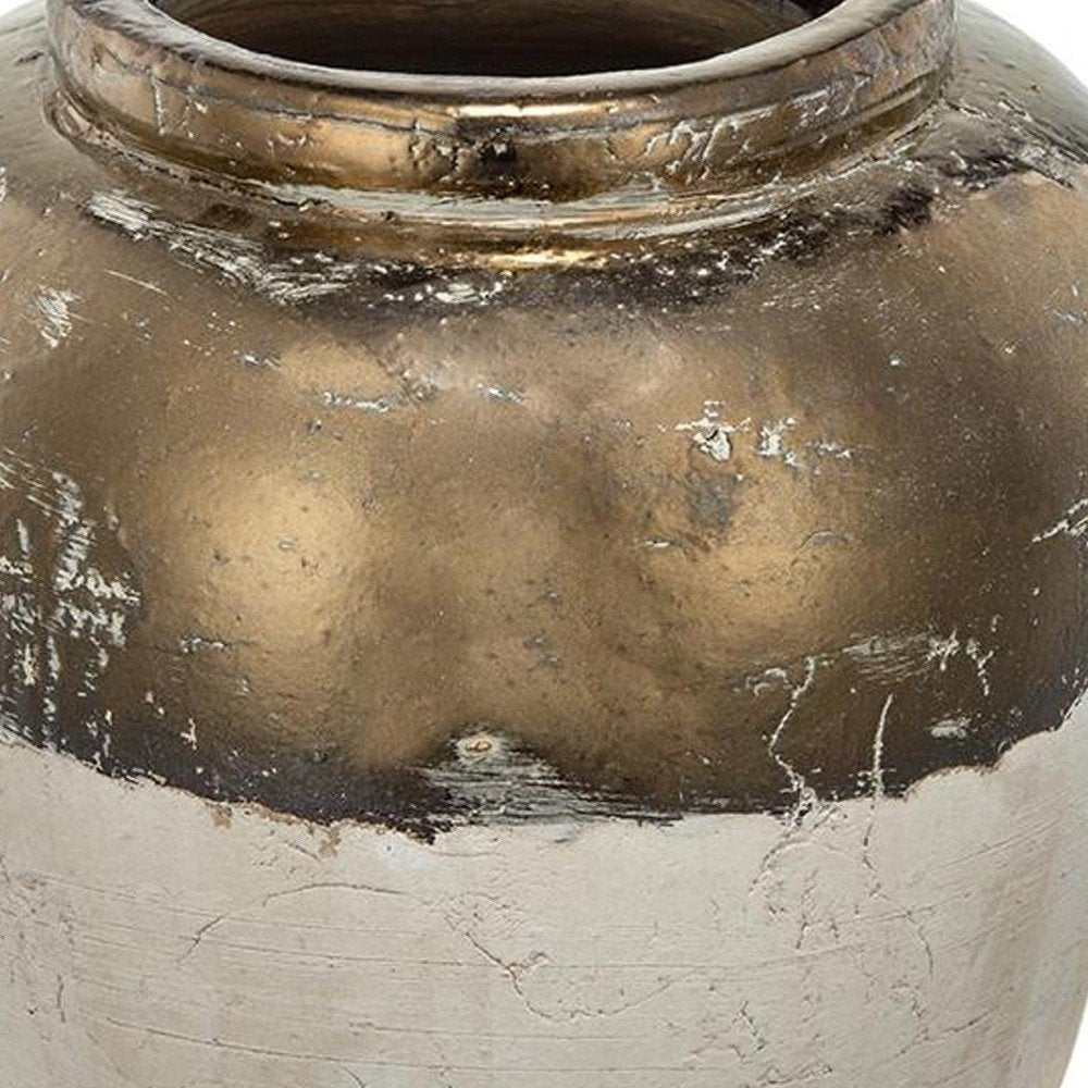 11" Antiqued Bronze And Light Gray Color Block Ceramic Round Table Vase HomeRoots