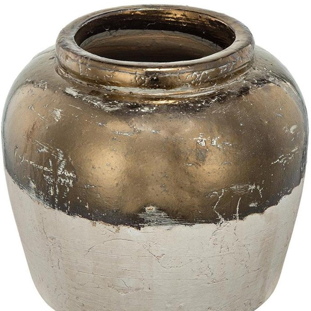 11" Antiqued Bronze And Light Gray Color Block Ceramic Round Table Vase HomeRoots
