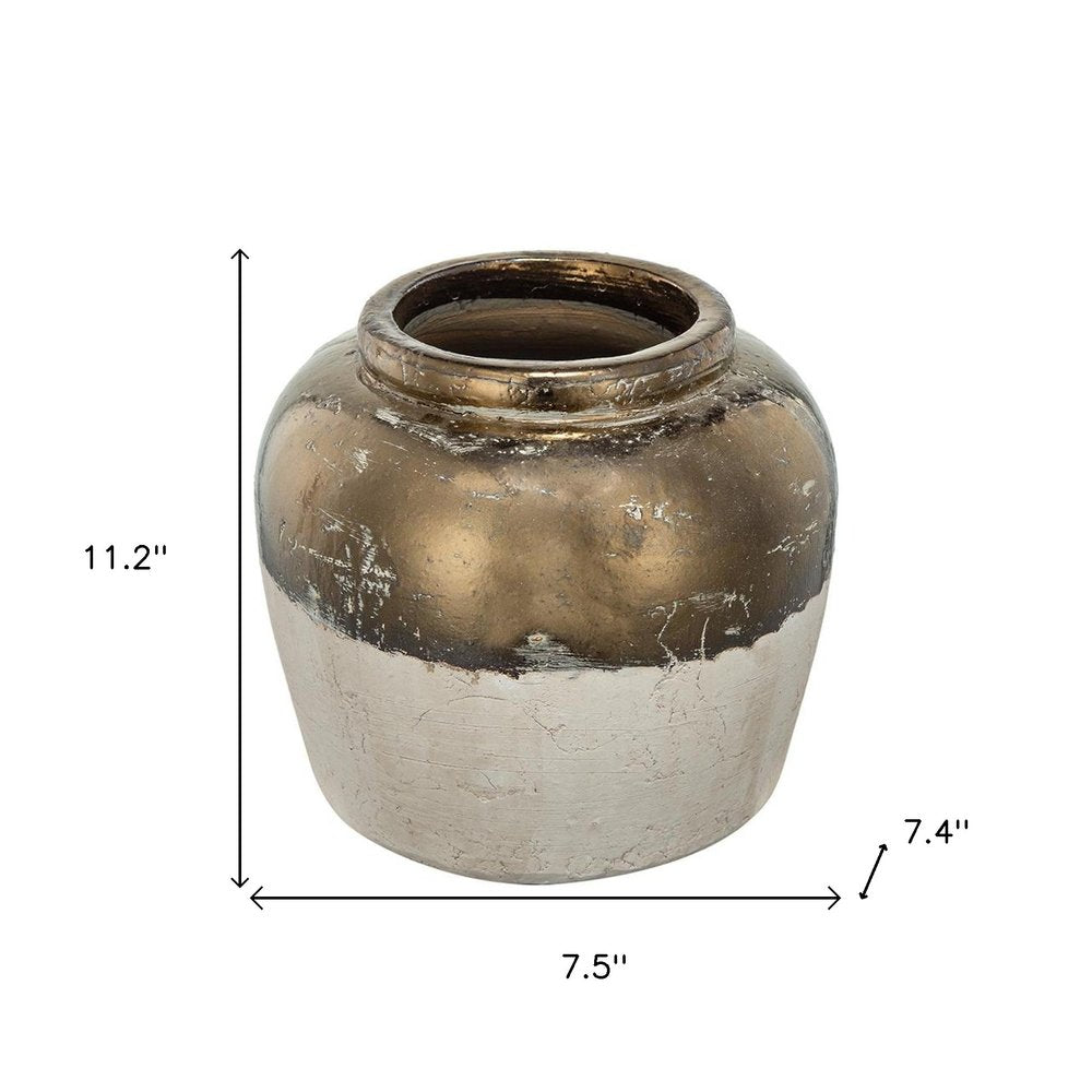 11" Antiqued Bronze And Light Gray Color Block Ceramic Round Table Vase HomeRoots