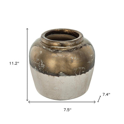 11" Antiqued Bronze And Light Gray Color Block Ceramic Round Table Vase HomeRoots