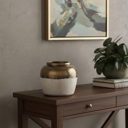11" Antiqued Bronze And Light Gray Color Block Ceramic Round Table Vase HomeRoots
