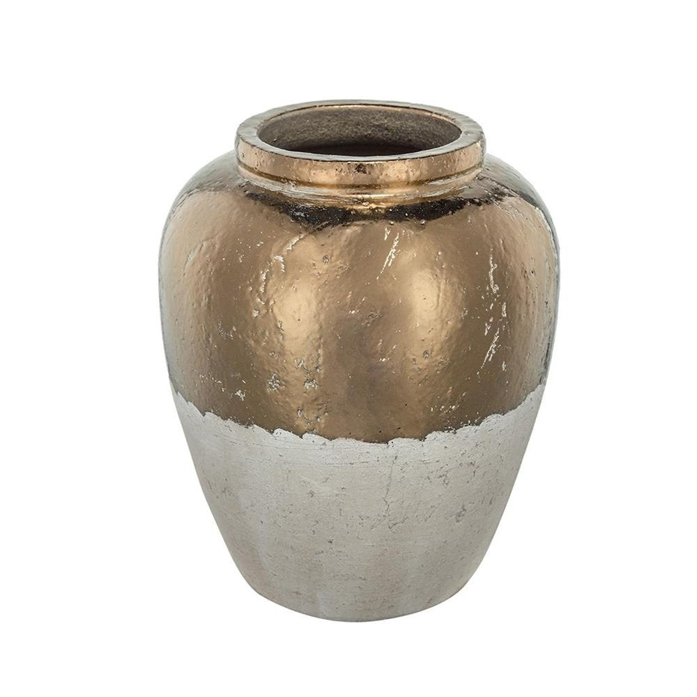 16" Antiqued Bronze And Light Gray Color Block Ceramic Round Jug Vase HomeRoots