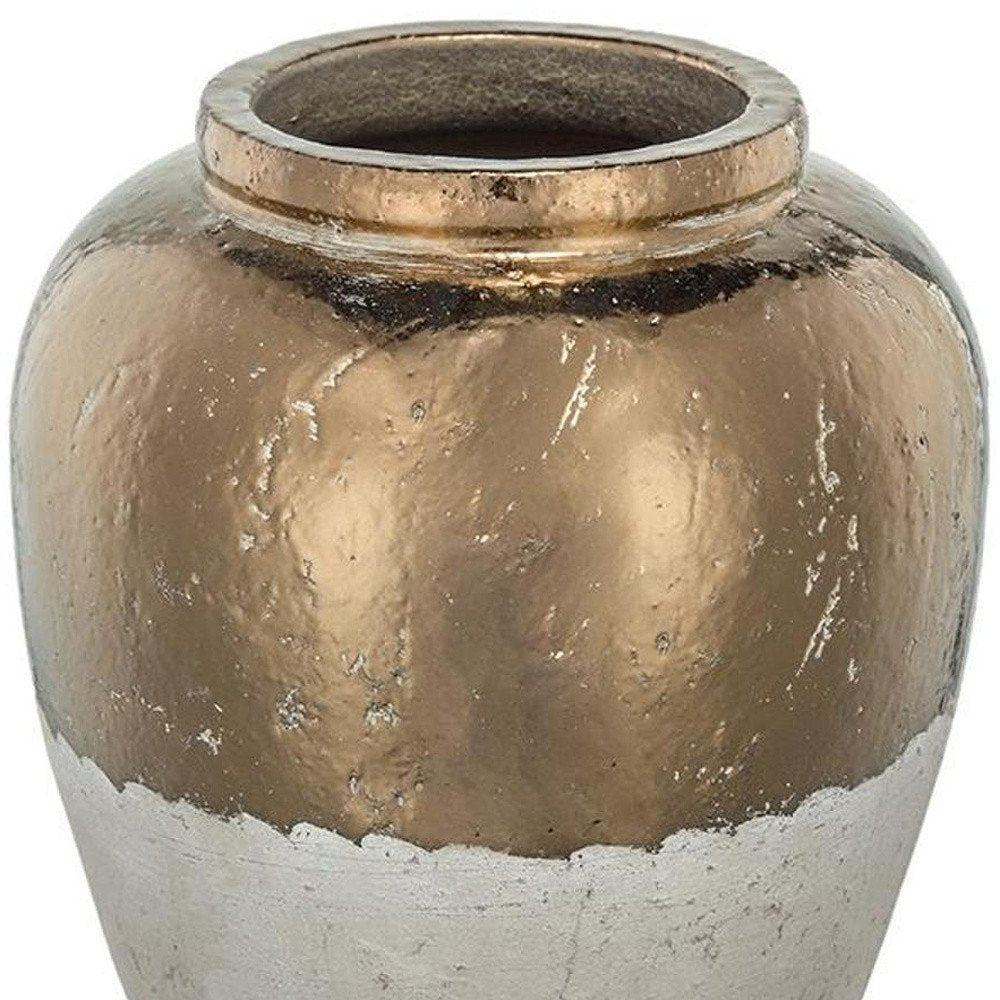 16" Antiqued Bronze And Light Gray Color Block Ceramic Round Jug Vase HomeRoots