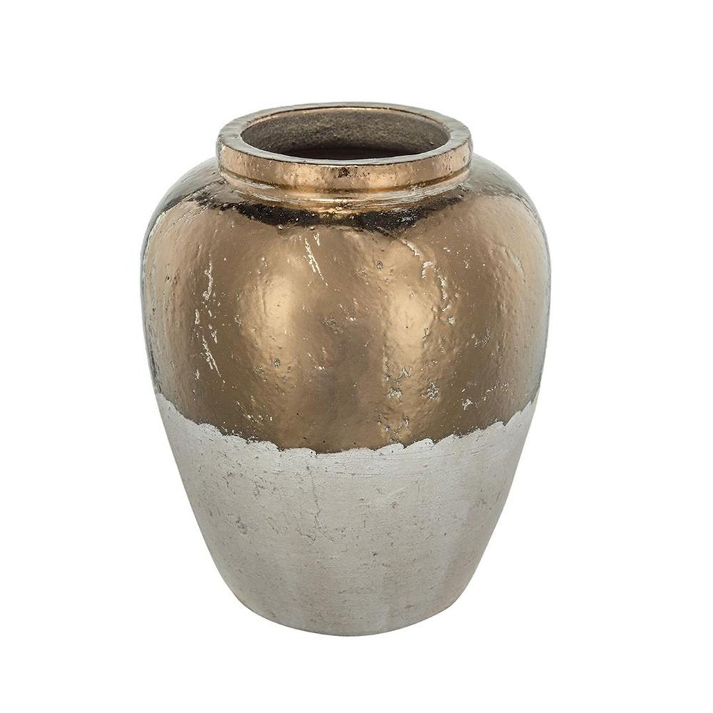16" Antiqued Bronze And Light Gray Color Block Ceramic Round Jug Vase HomeRoots