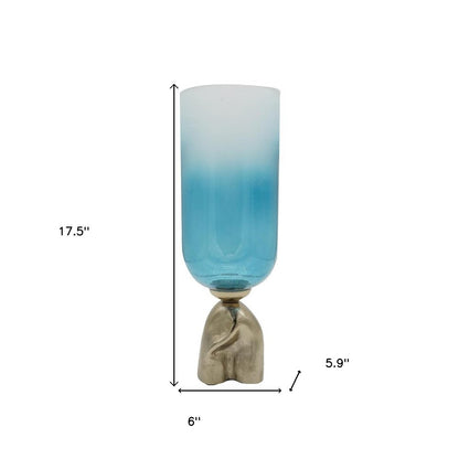 18" Blue White And Gold Ombre Glass And Aluminum Pedestal Table Vase HomeRoots