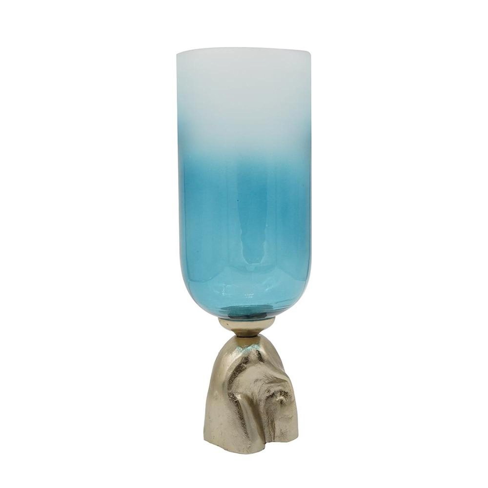 18" Blue White And Gold Ombre Glass And Aluminum Pedestal Table Vase HomeRoots