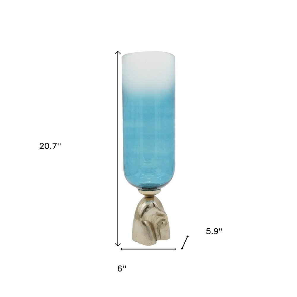 21" Blue White And Gold Ombre Glass And Aluminum Pedestal Table Vase HomeRoots