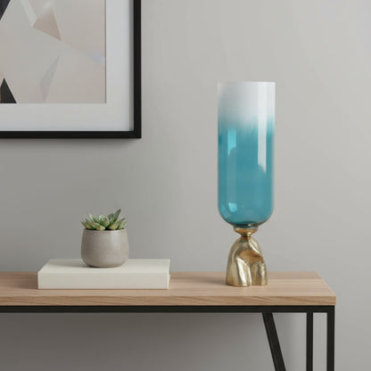21" Blue White And Gold Ombre Glass And Aluminum Pedestal Table Vase HomeRoots