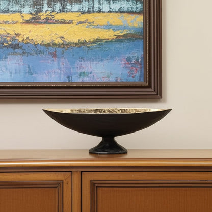 14" Black And Gold Aluminum Oval Pedestal Centerpiece Bowl HomeRoots
