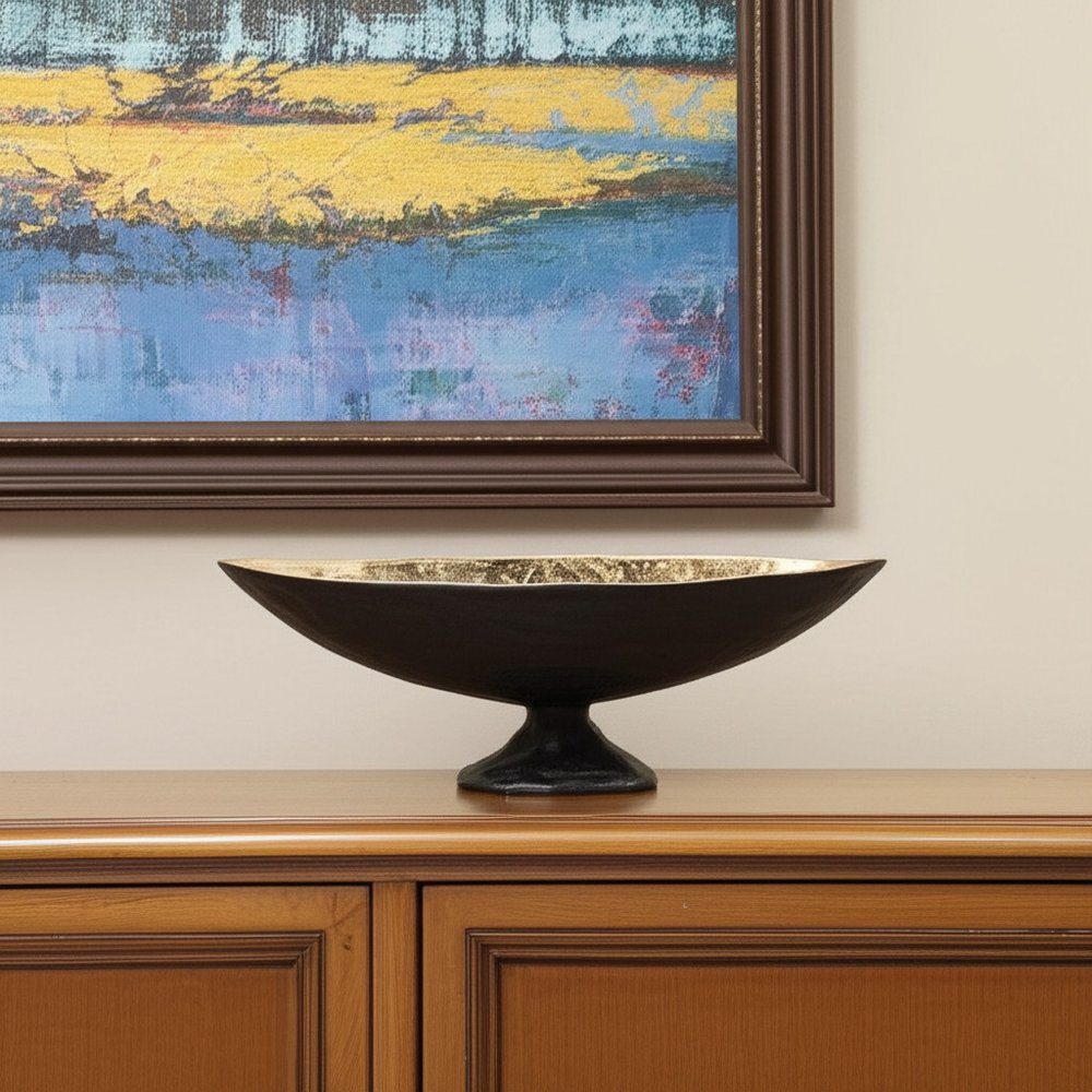 14" Black And Gold Aluminum Oval Pedestal Centerpiece Bowl — view 12