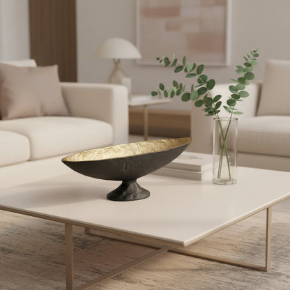 14" Black And Gold Aluminum Oval Pedestal Centerpiece Bowl HomeRoots