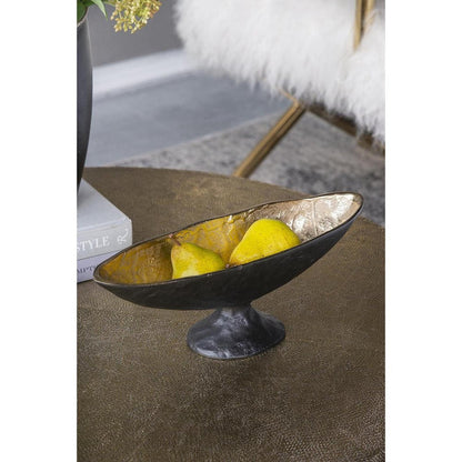 14" Black And Gold Aluminum Oval Pedestal Centerpiece Bowl HomeRoots