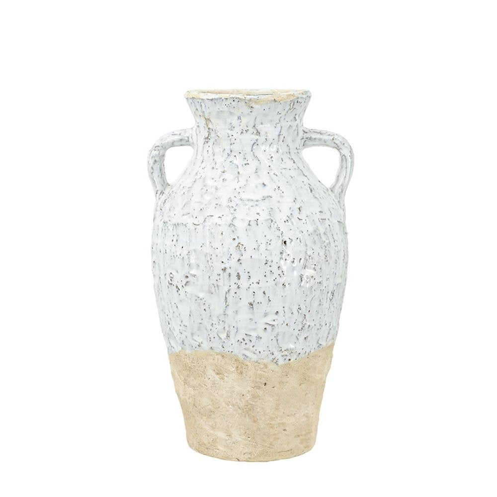 14" Beige And Ivory Color Block Amphora Terracotta Table Vase HomeRoots