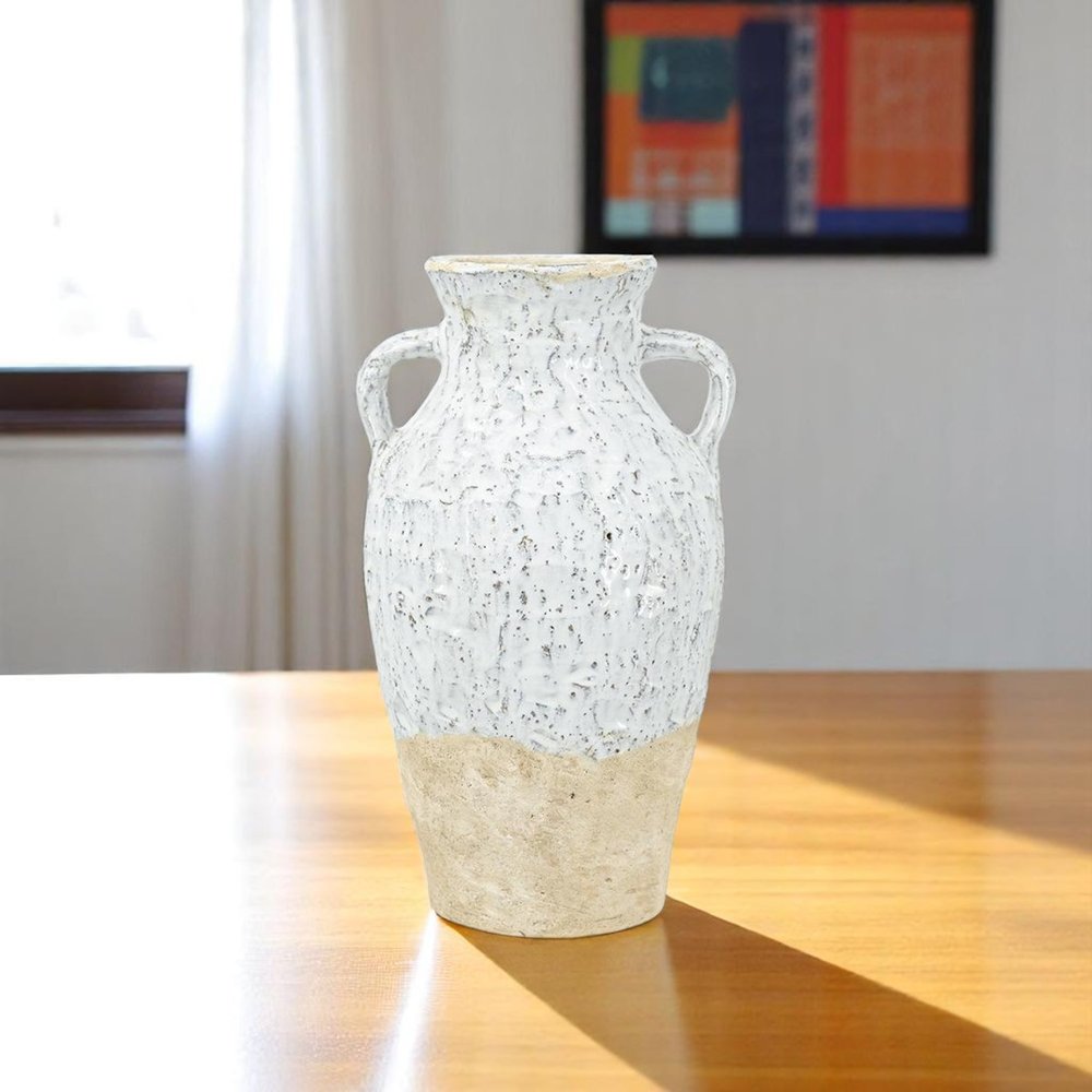 14" Beige And Ivory Color Block Amphora Terracotta Table Vase HomeRoots