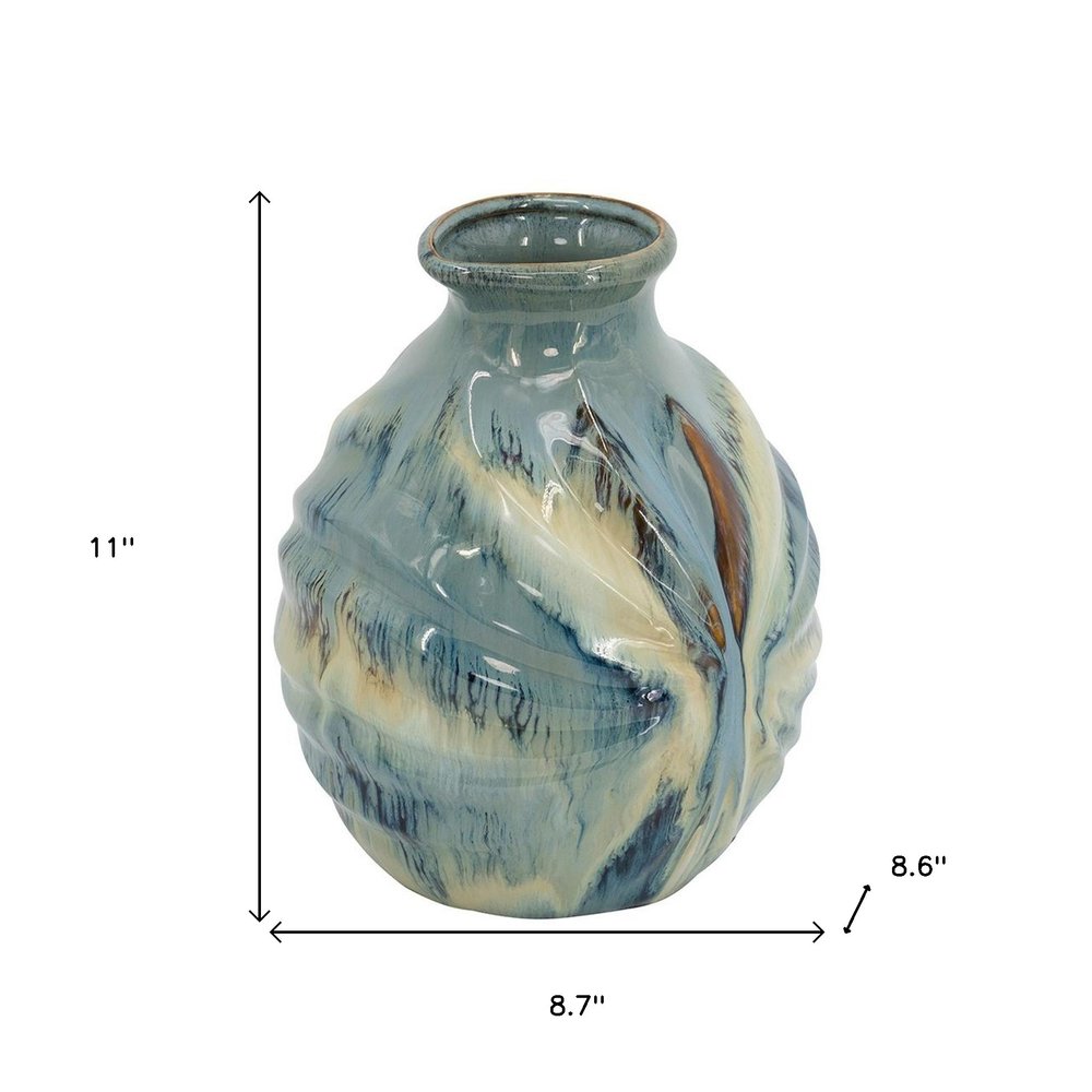 11" Blue Beige And Brown Abstract Round Ceramic Table Vase HomeRoots