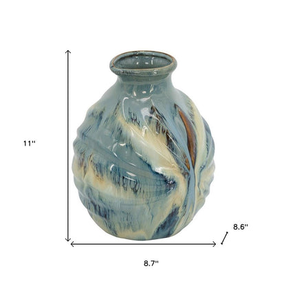 11" Blue Beige And Brown Abstract Round Ceramic Table Vase HomeRoots