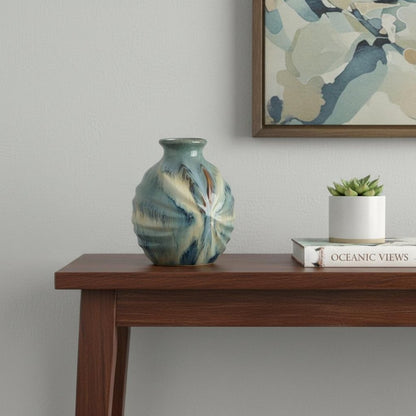 11" Blue Beige And Brown Abstract Round Ceramic Table Vase HomeRoots