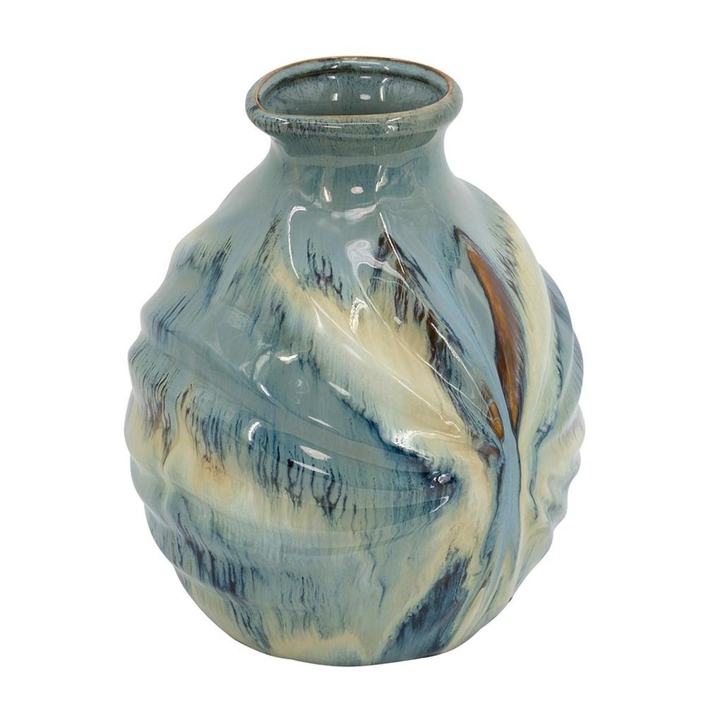 11" Blue Beige And Brown Abstract Round Ceramic Table Vase HomeRoots