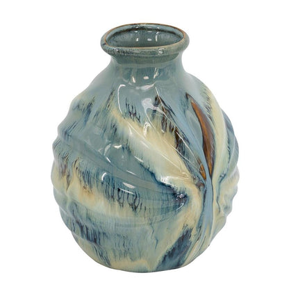 11" Blue Beige And Brown Abstract Round Ceramic Table Vase HomeRoots