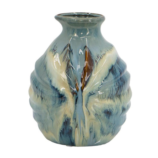 11" Blue Beige And Brown Abstract Round Ceramic Table Vase HomeRoots