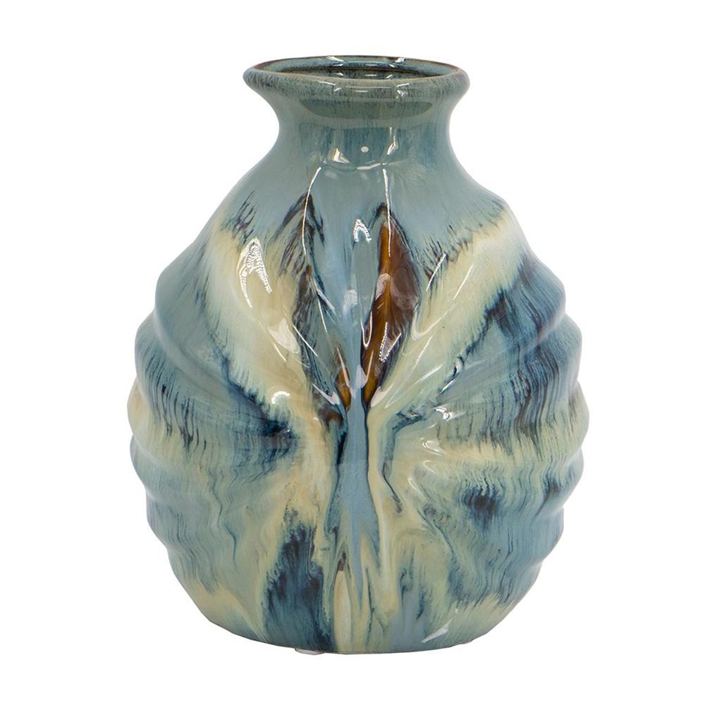 11" Blue Beige And Brown Abstract Round Ceramic Table Vase HomeRoots