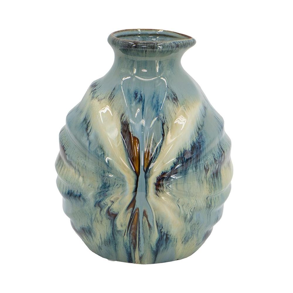11" Blue Beige And Brown Abstract Round Ceramic Table Vase HomeRoots