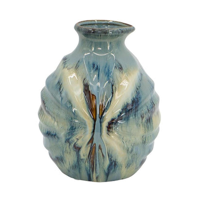 11" Blue Beige And Brown Abstract Round Ceramic Table Vase HomeRoots