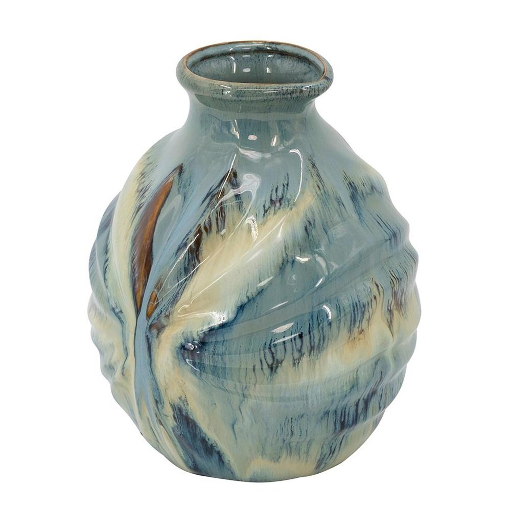 11" Blue Beige And Brown Abstract Round Ceramic Table Vase HomeRoots