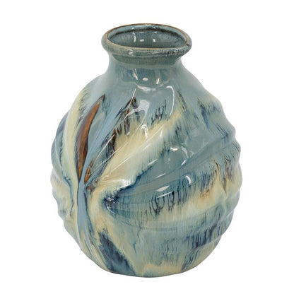 11" Blue Beige And Brown Abstract Round Ceramic Table Vase HomeRoots