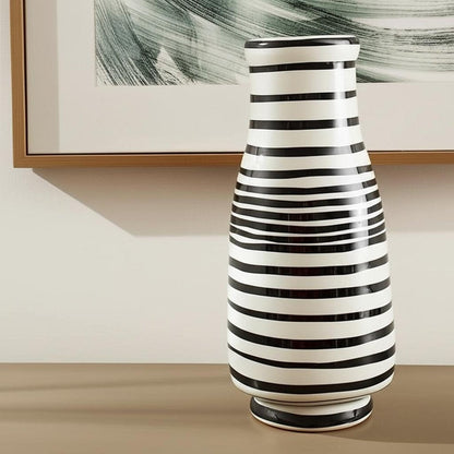18" Black And White Hand Painted Stripe Ceramic Table Vase HomeRoots