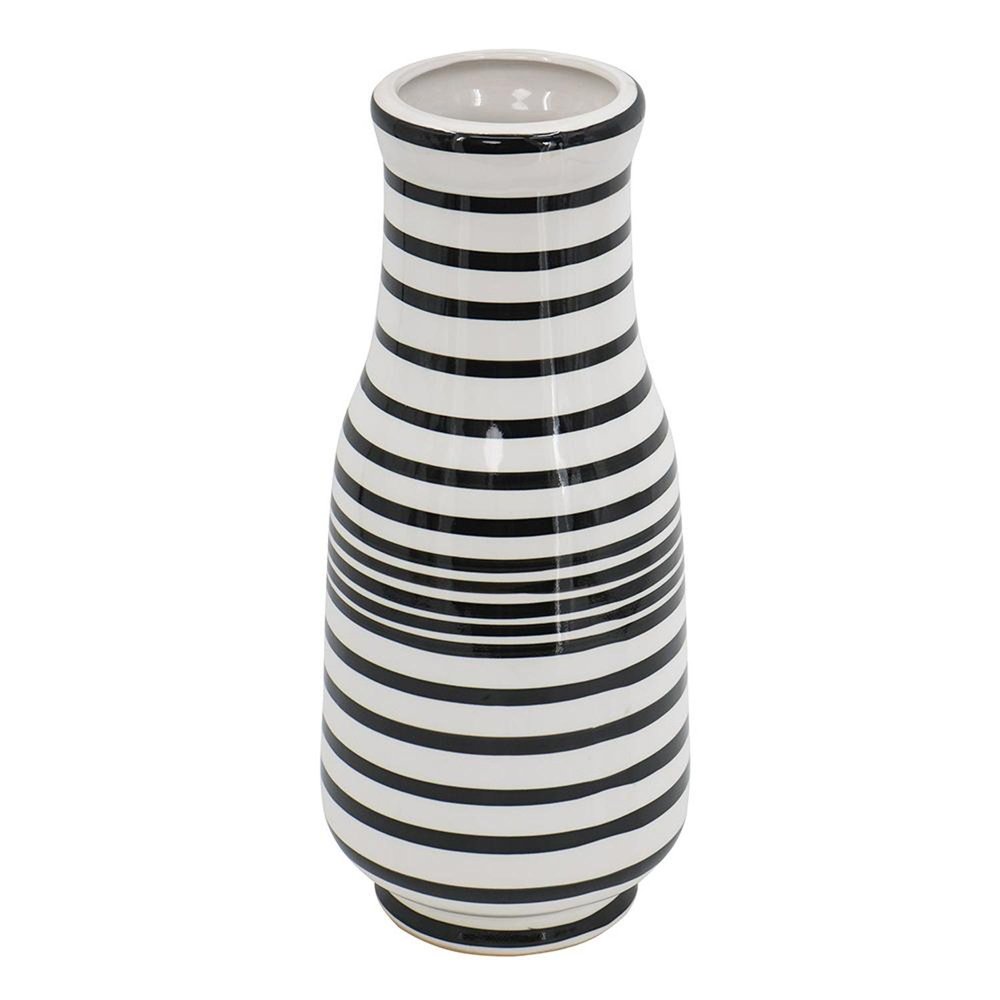 18" Black And White Hand Painted Stripe Ceramic Table Vase HomeRoots