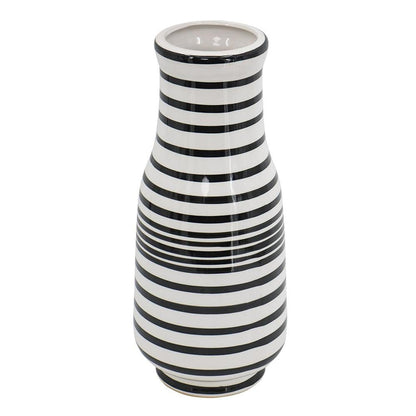 18" Black And White Hand Painted Stripe Ceramic Table Vase HomeRoots