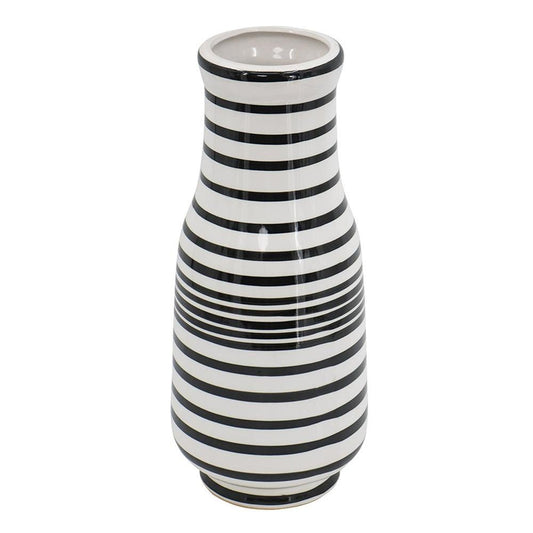 18" Black And White Hand Painted Stripe Ceramic Table Vase HomeRoots