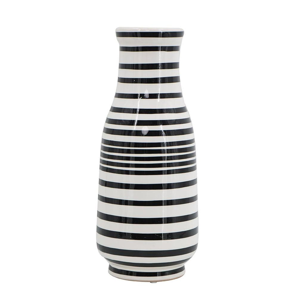 18" Black And White Hand Painted Stripe Ceramic Table Vase HomeRoots