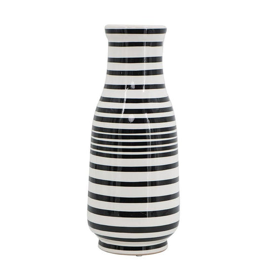 18" Black And White Hand Painted Stripe Ceramic Table Vase HomeRoots