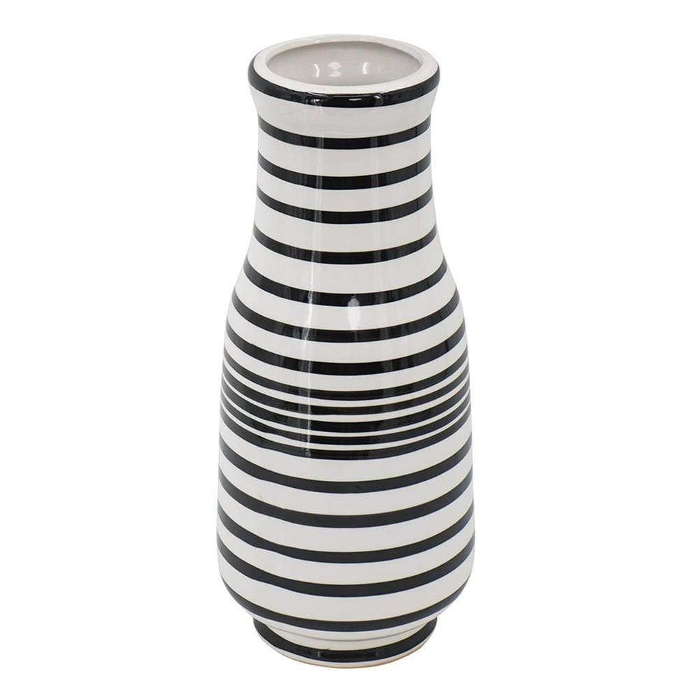 18" Black And White Hand Painted Stripe Ceramic Table Vase HomeRoots