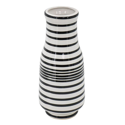 18" Black And White Hand Painted Stripe Ceramic Table Vase HomeRoots