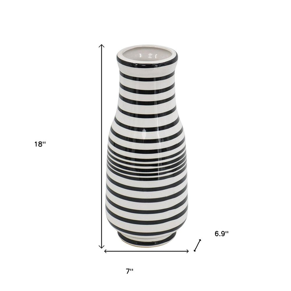 18" Black And White Hand Painted Stripe Ceramic Table Vase HomeRoots