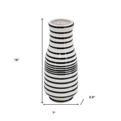 18" Black And White Hand Painted Stripe Ceramic Table Vase HomeRoots