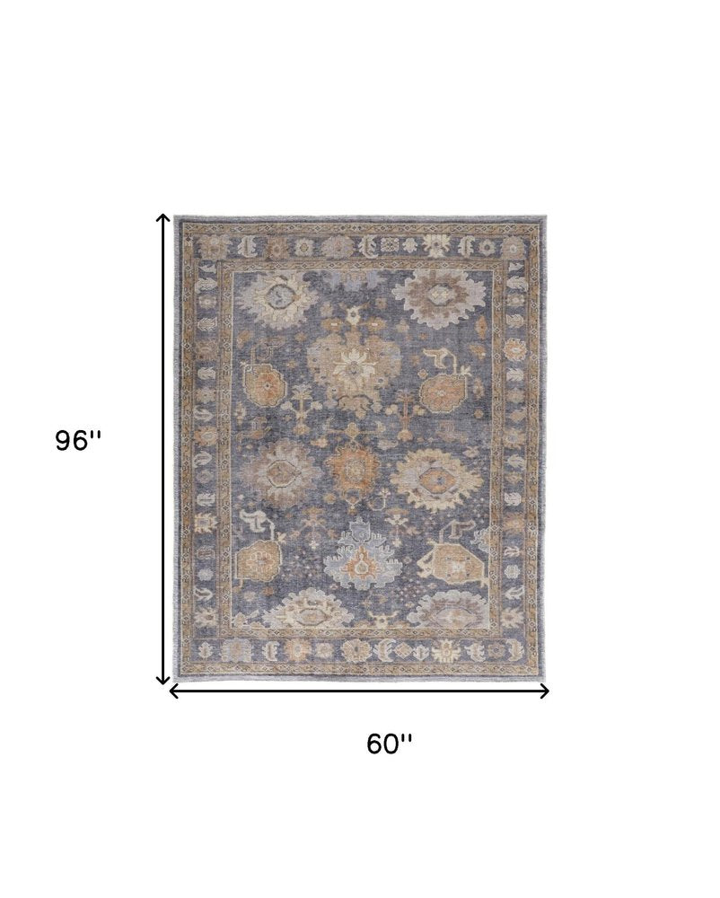 5' X 8' Blue Gray and Tan Oriental Hand Knotted Worn Faded Area Rug — view 3
