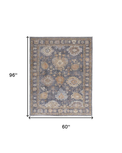 5' X 8' Blue Gray and Tan Oriental Hand Knotted Worn Faded Area Rug HomeRoots