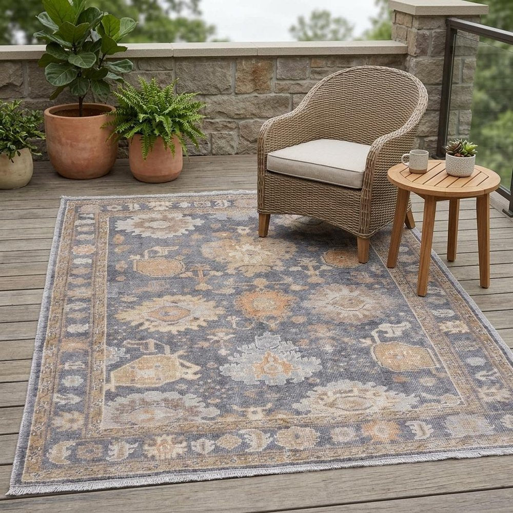 5' X 8' Blue Gray and Tan Oriental Hand Knotted Worn Faded Area Rug HomeRoots
