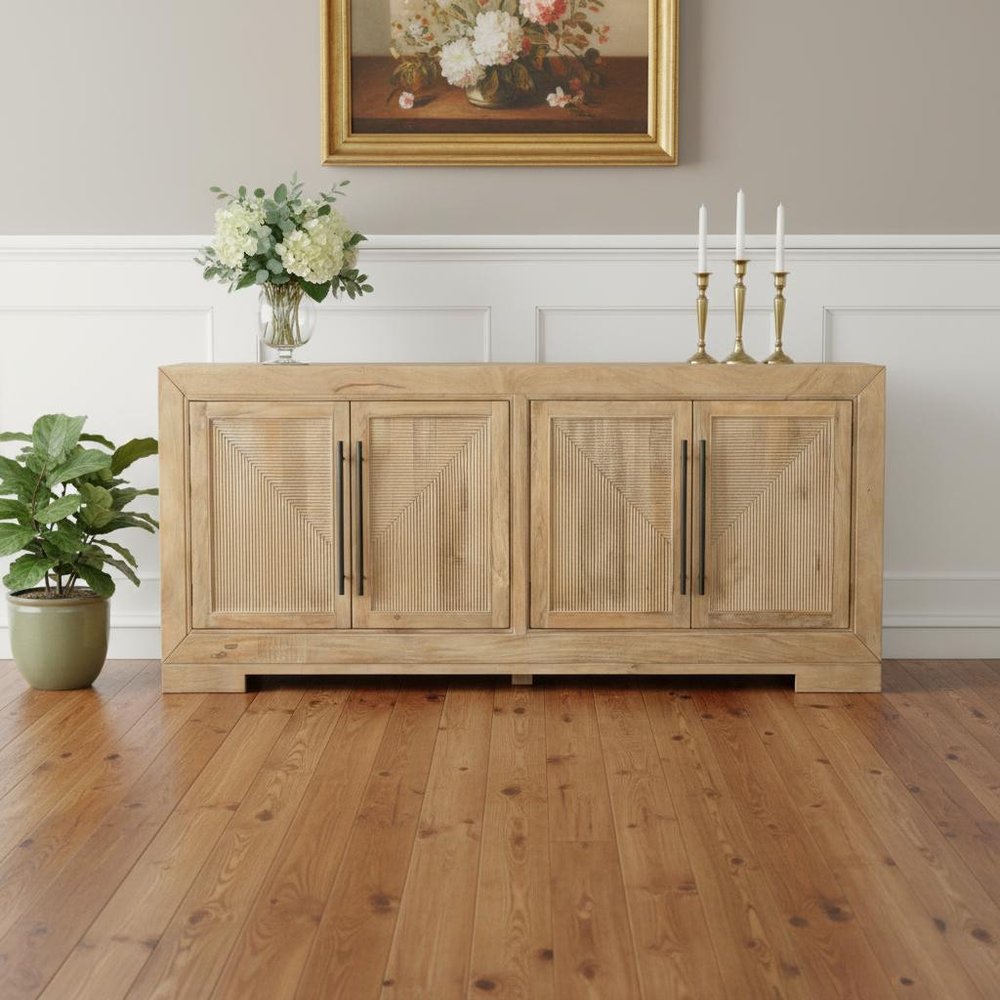 102" Beige Solid Wood Carved Geometric Sideboard With Four Doors HomeRoots