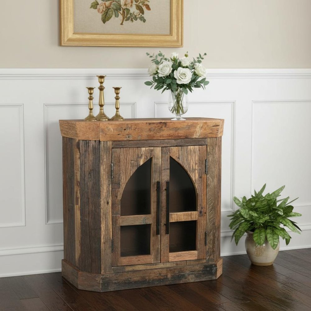 35" Brown Distressed Reclaimed Wood Sideboard With Two Glass Doors HomeRoots