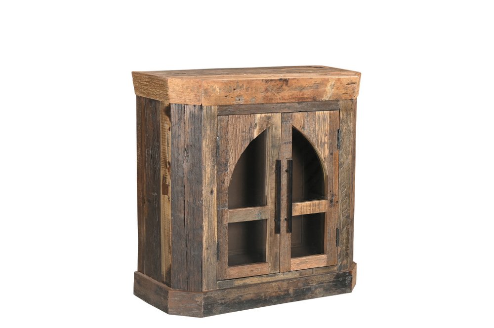 35" Brown Distressed Reclaimed Wood Sideboard With Two Glass Doors HomeRoots