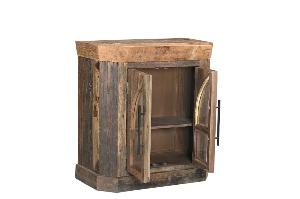 35" Brown Distressed Reclaimed Wood Sideboard With Two Glass Doors HomeRoots